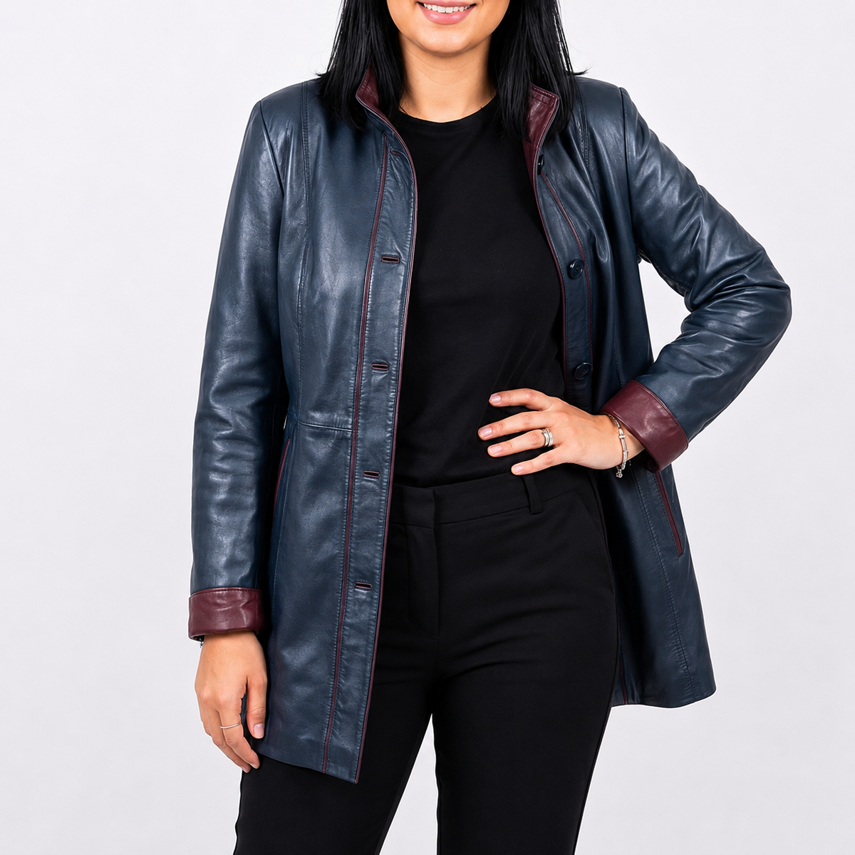 Veste Longue en Cuir Véritable — Bleu Marine & Bordeaux - The Moroccan Vibrations