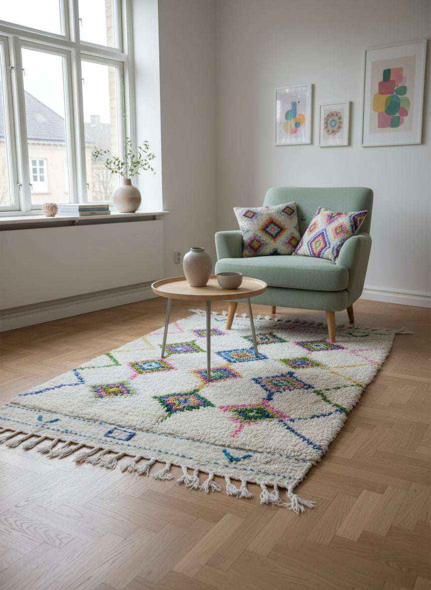 Tapis Azilal Marocain en Laine – Tissé à la Main par Artisans Berbères (Approx 39x59/100 x 150 cm)