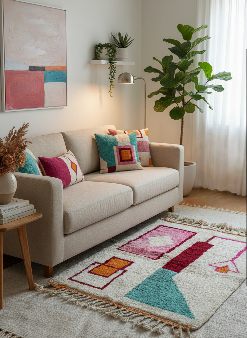 Tapis Azilal Marocain en Laine – Tissé à la Main par Artisans Berbères (Approx 39x59/100 x 150 cm)