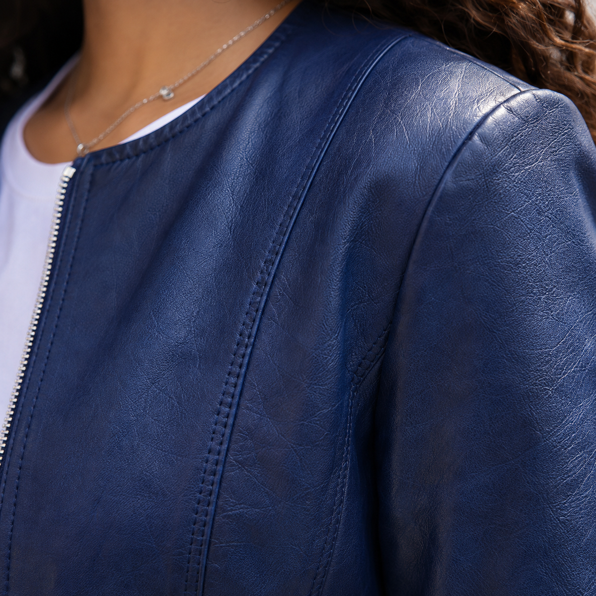 Veste en Cuir Bleu Marine — Col Rond - The Moroccan Vibrations