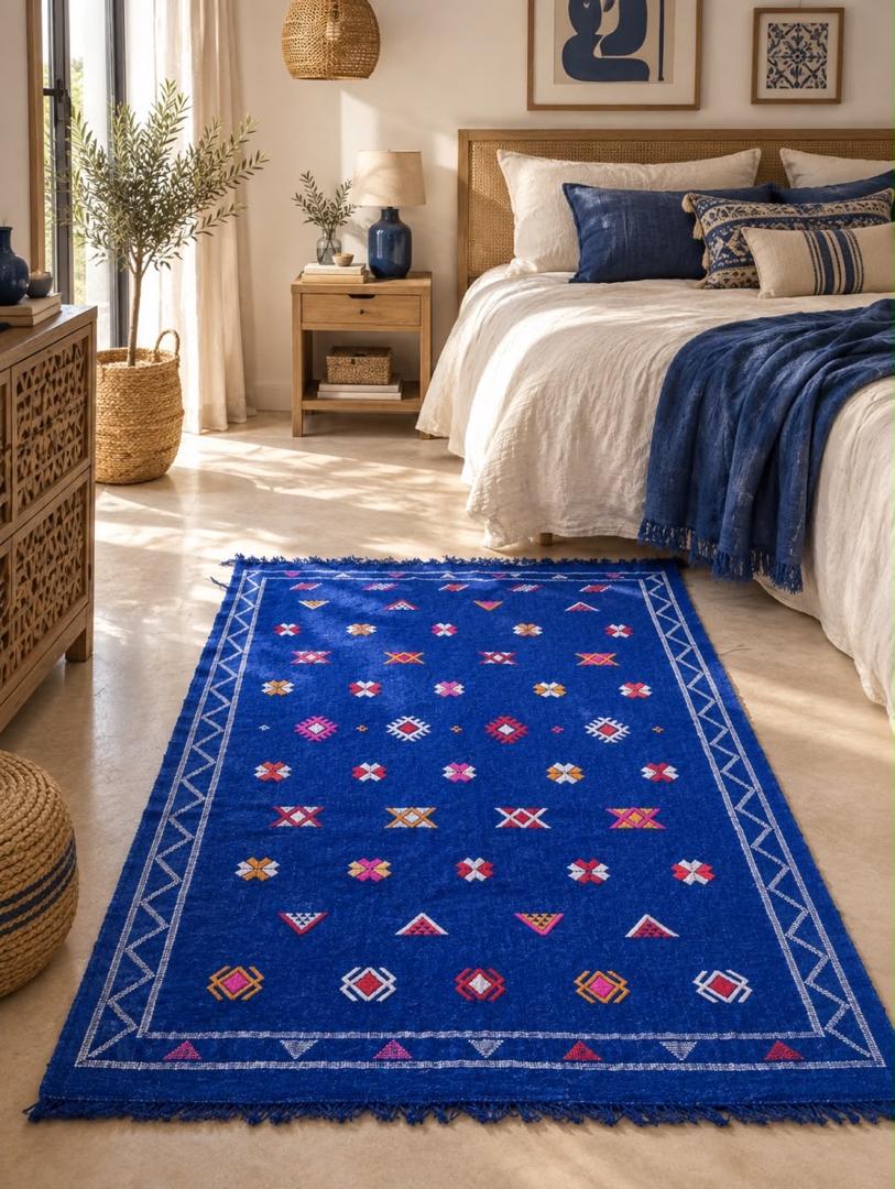 TAPIS BERBÈRE MAROCAIN en COTON-MOTIFS TRADITIONNELS TISSÈS à la Main,Bleu Roi & Multicolore (59x98/150x250cm)