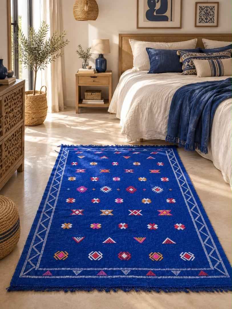 Tapis marocain en coton tissé main fond bleu 150 x 250 cm, mis en scène dans une chambre
