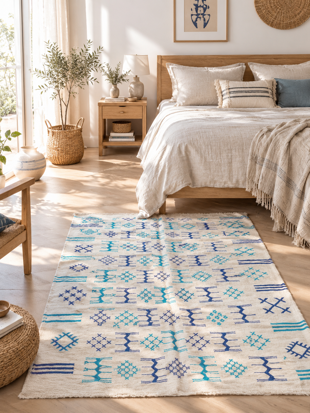 Tapis Marocain en LIN Tissé Main – Fond Ivoire, Motifs Bleu Roi & Turquoise (59x98 / 150 x 250 cm)