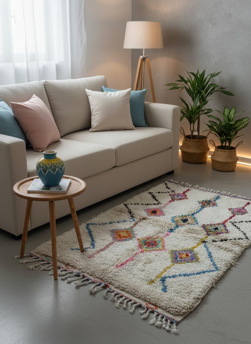 Tapis Azilal berbère écru losanges roses et zigzags bleus