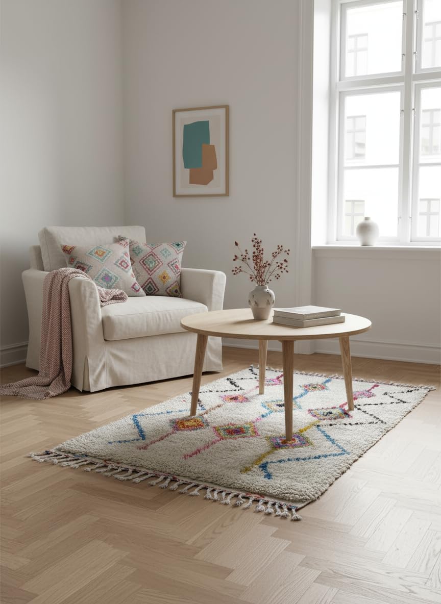 Tapis Azilal Berbère Écru Losanges Roses et Zigzags Bleus (Réf. 7554)