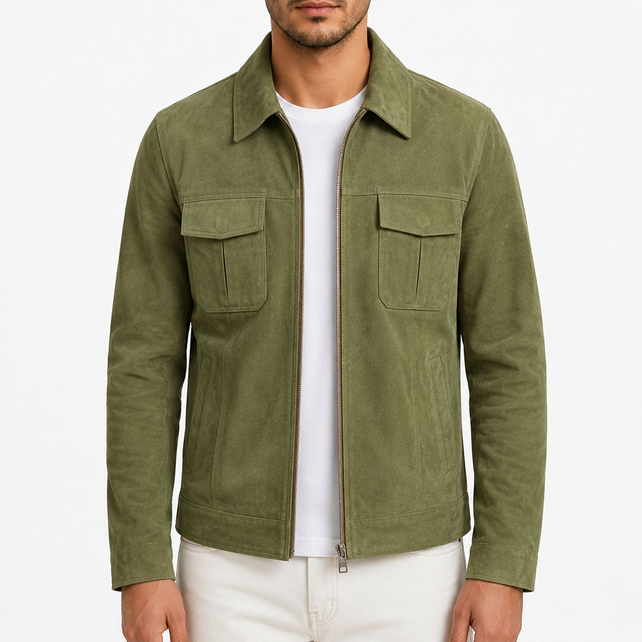 Veste Homme en Daim Vert Olive à Col Chemise – Fermeture Zippée et Poches à Rabat