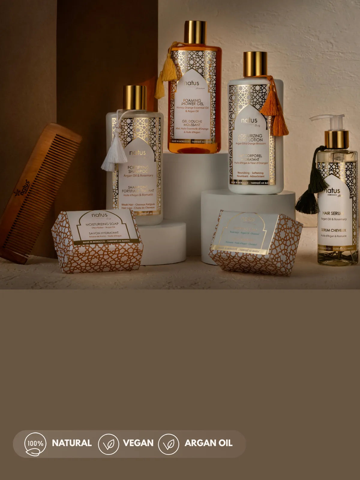 Gamme de soins Natus Marrakech à l'huile d'argan, flacons dorés et coffrets