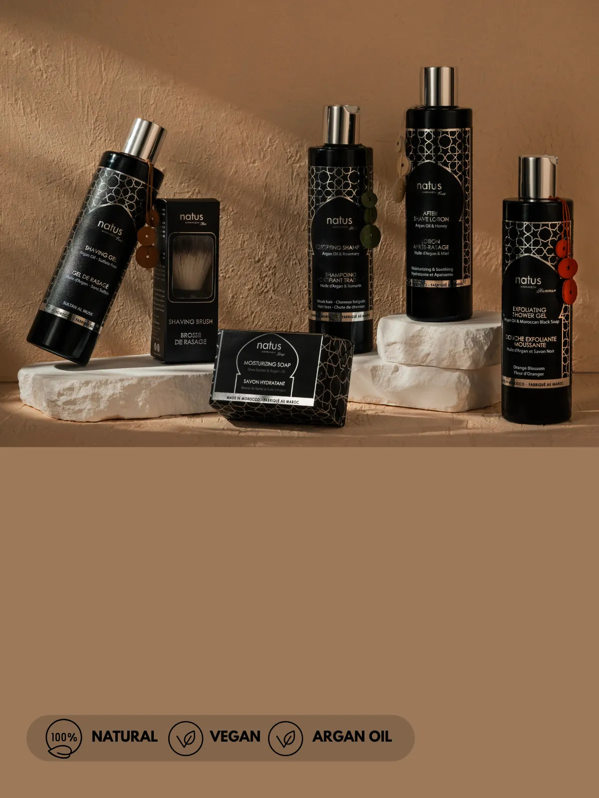 Gamme Natus Marrakech pour homme, flacons noirs et savons