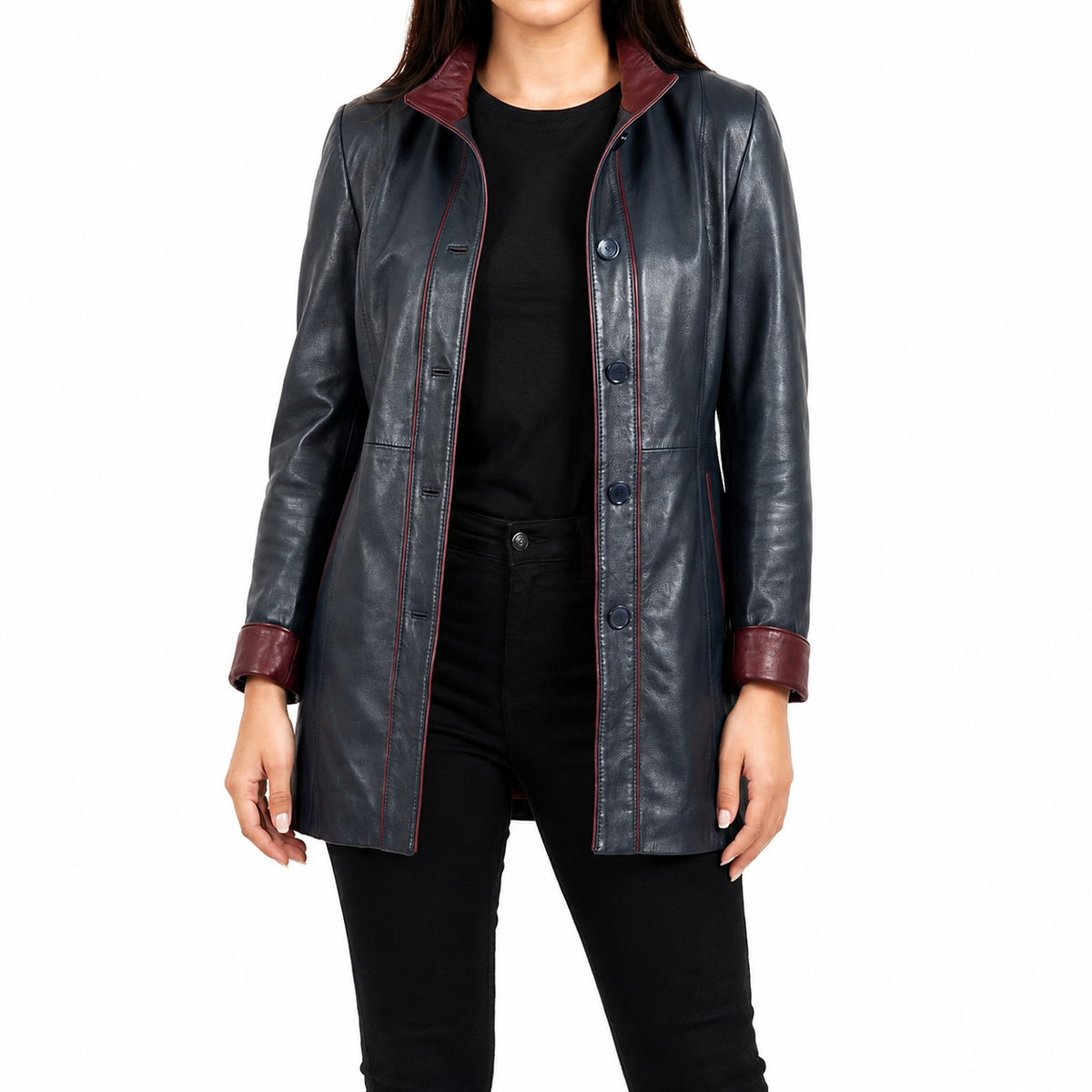 Veste Longue en Cuir Véritable — Bleu Marine & Bordeaux - The Moroccan Vibrations