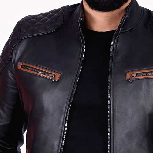 Blouson en Cuir Véritable — Noir & Cognac