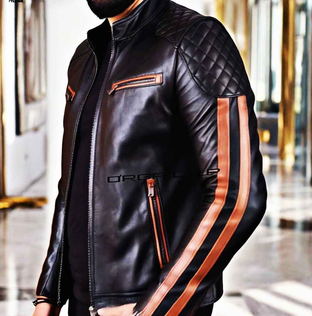 Blouson en Cuir Véritable — Noir & Cognac