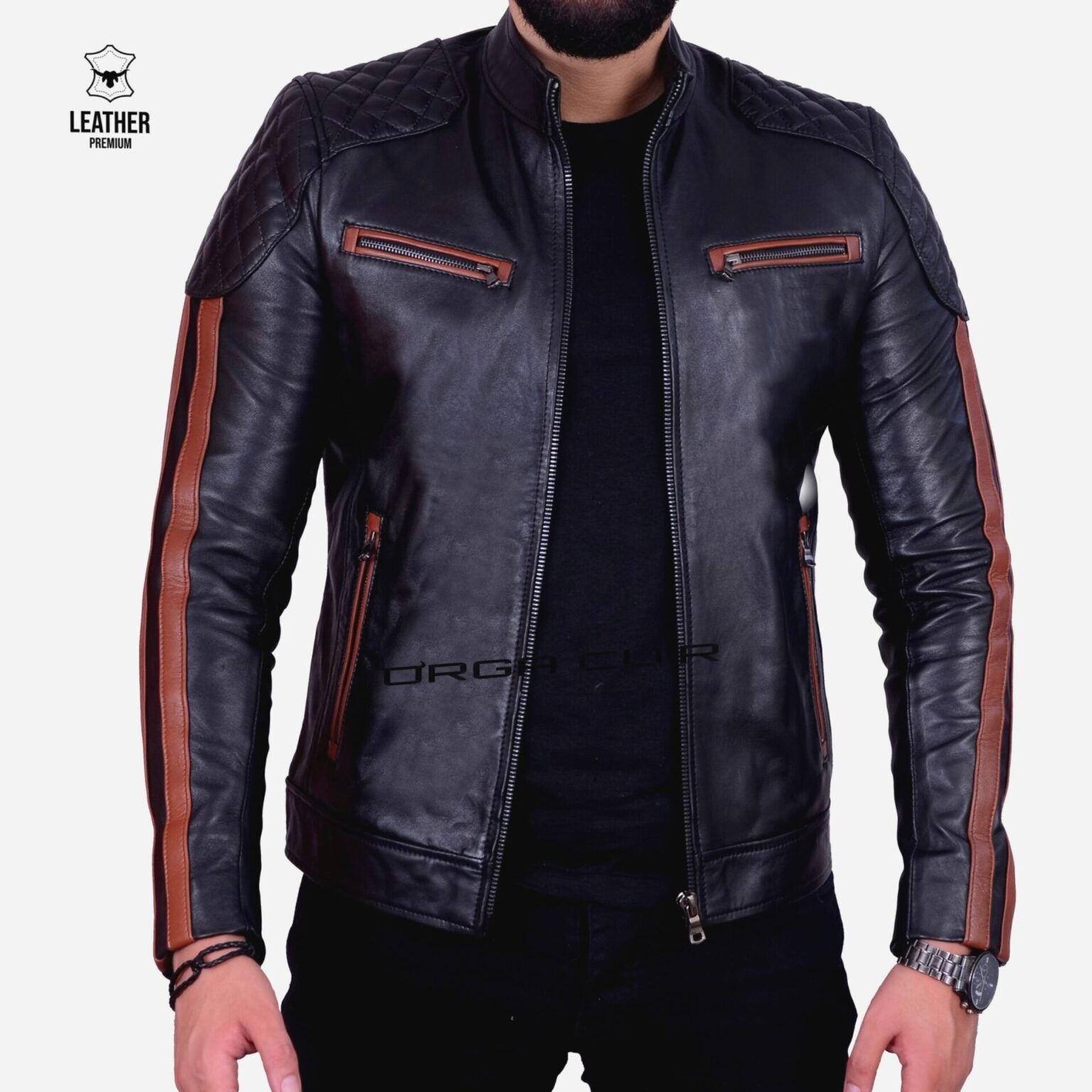 Blouson en Cuir Véritable — Noir & Cognac