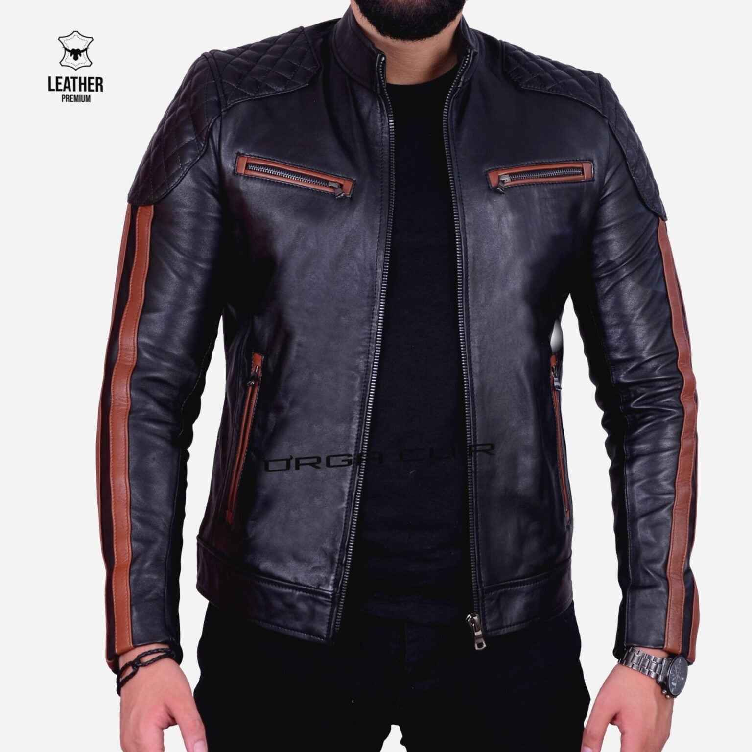 Blouson en Cuir Véritable — Noir & Cognac