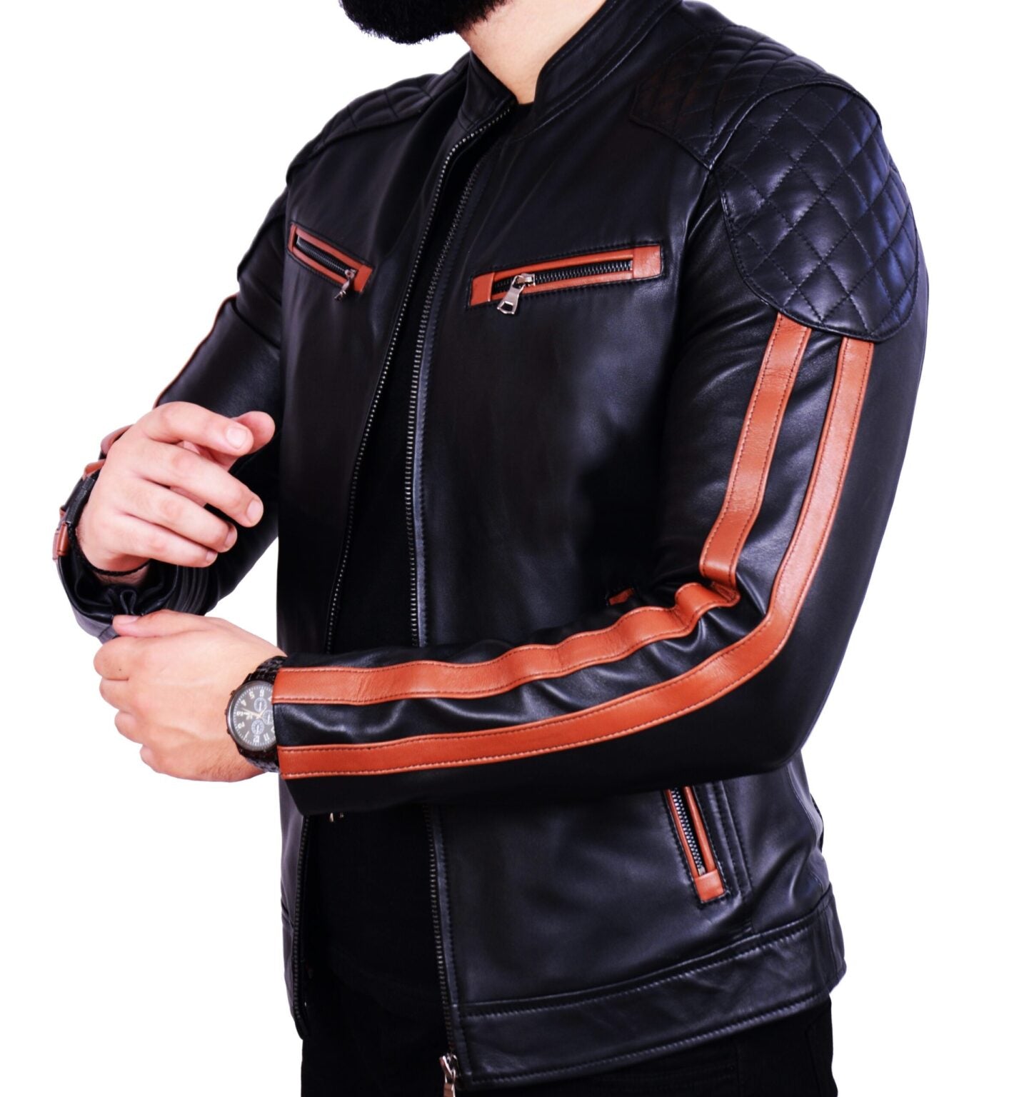 Blouson en Cuir Véritable — Noir & Cognac