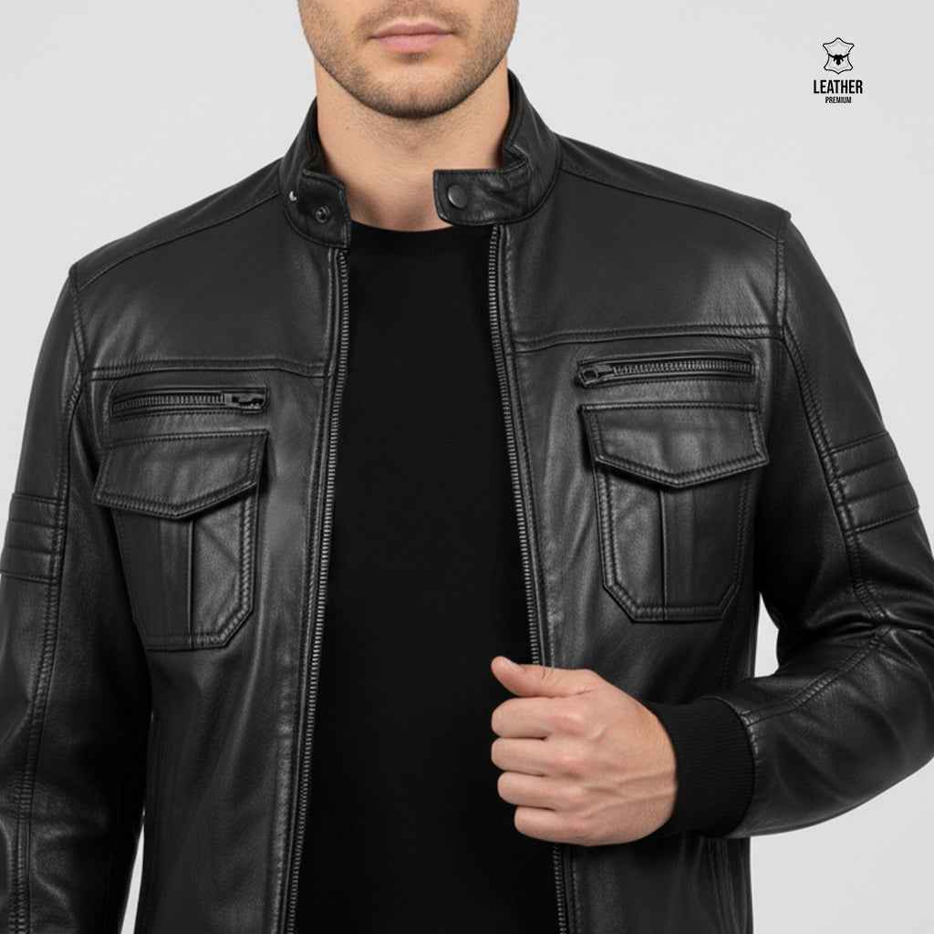 Blouson en Cuir Véritable — Noir, Casual Chic