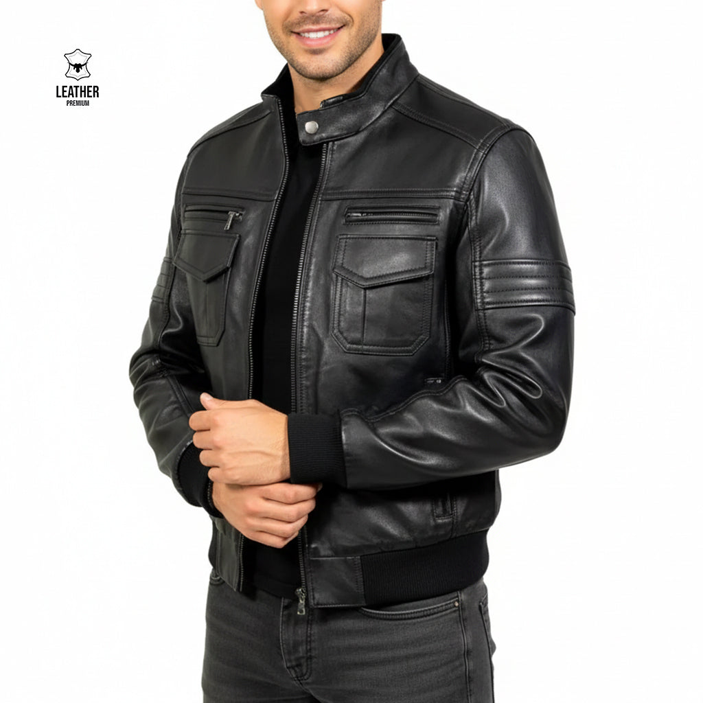 Blouson en Cuir Véritable — Noir, Casual Chic