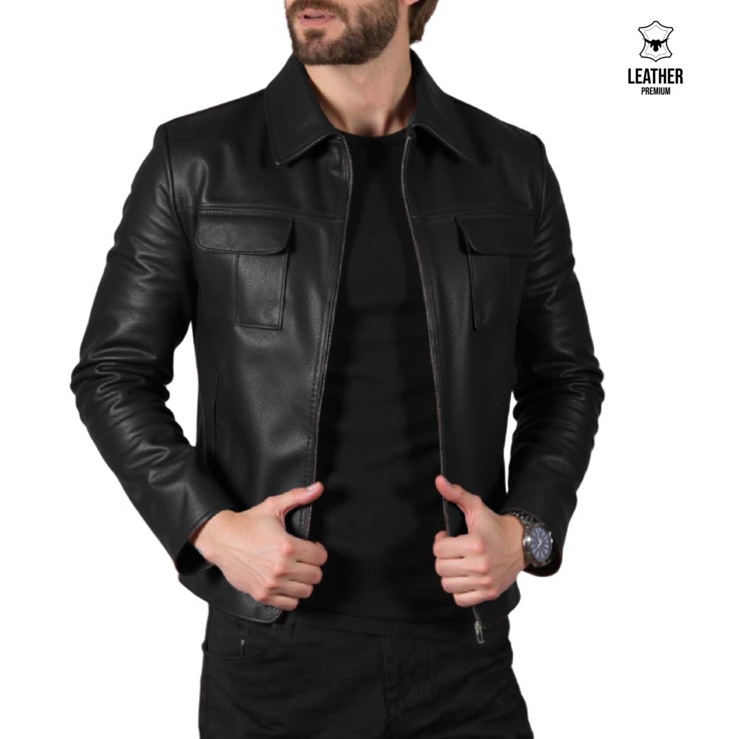 Ranger Noir — Veste Cuir Poches Plaquées