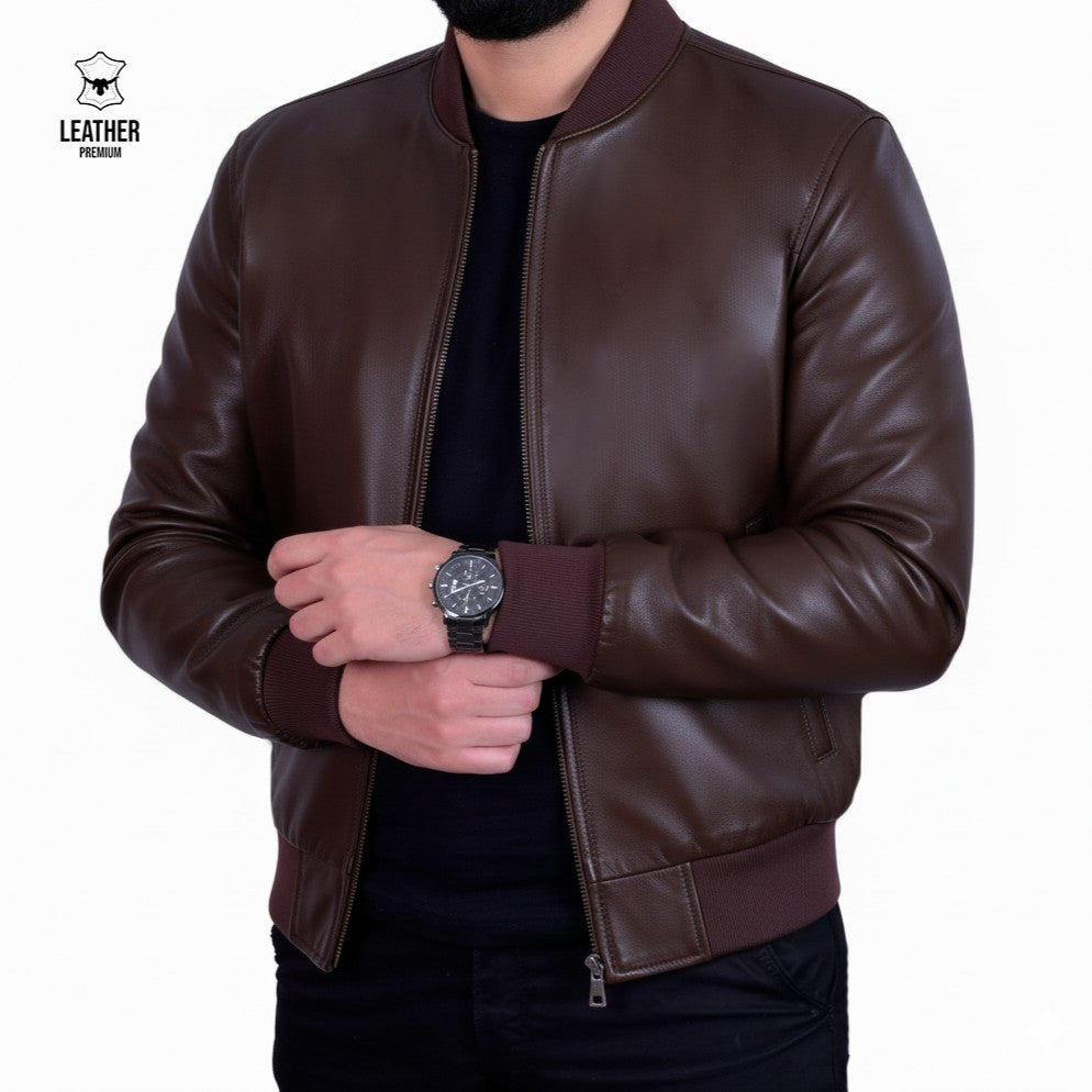 Blouson Bombardier en Cuir Véritable — Marron