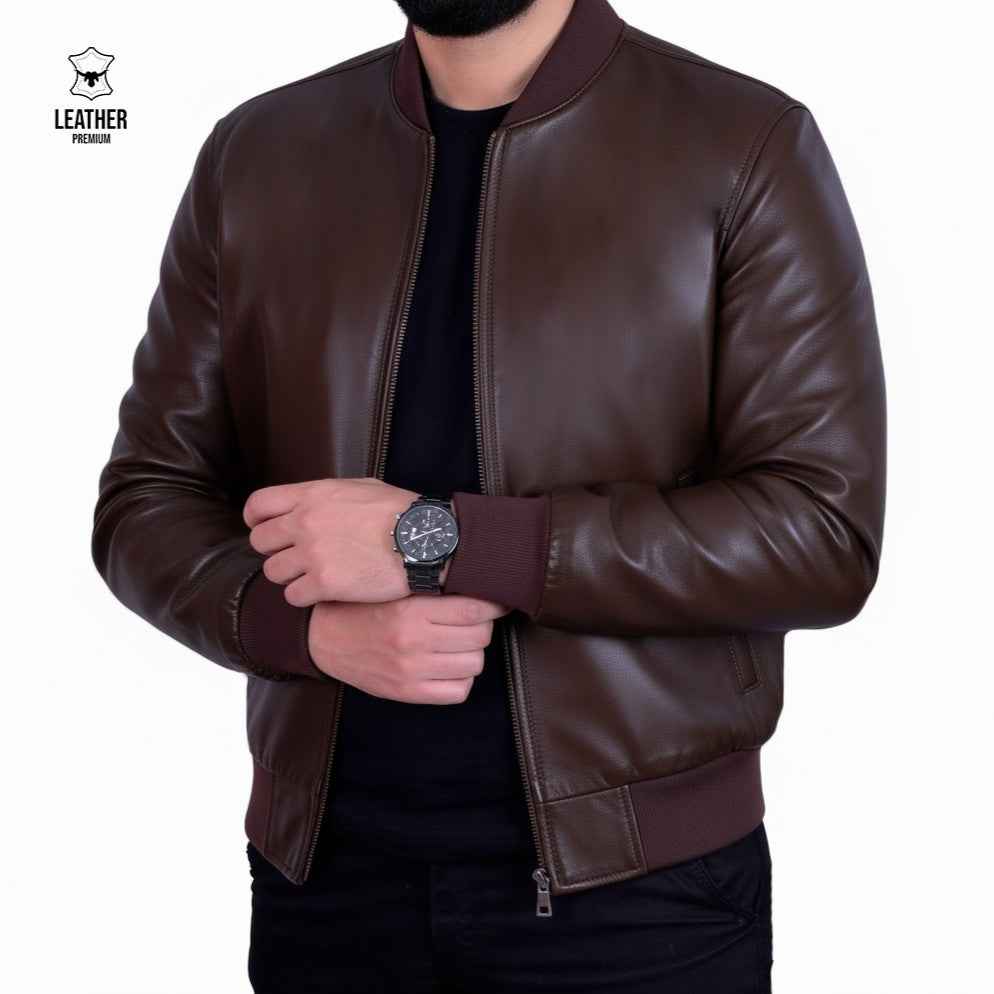 Blouson Bombardier en Cuir Véritable — Marron