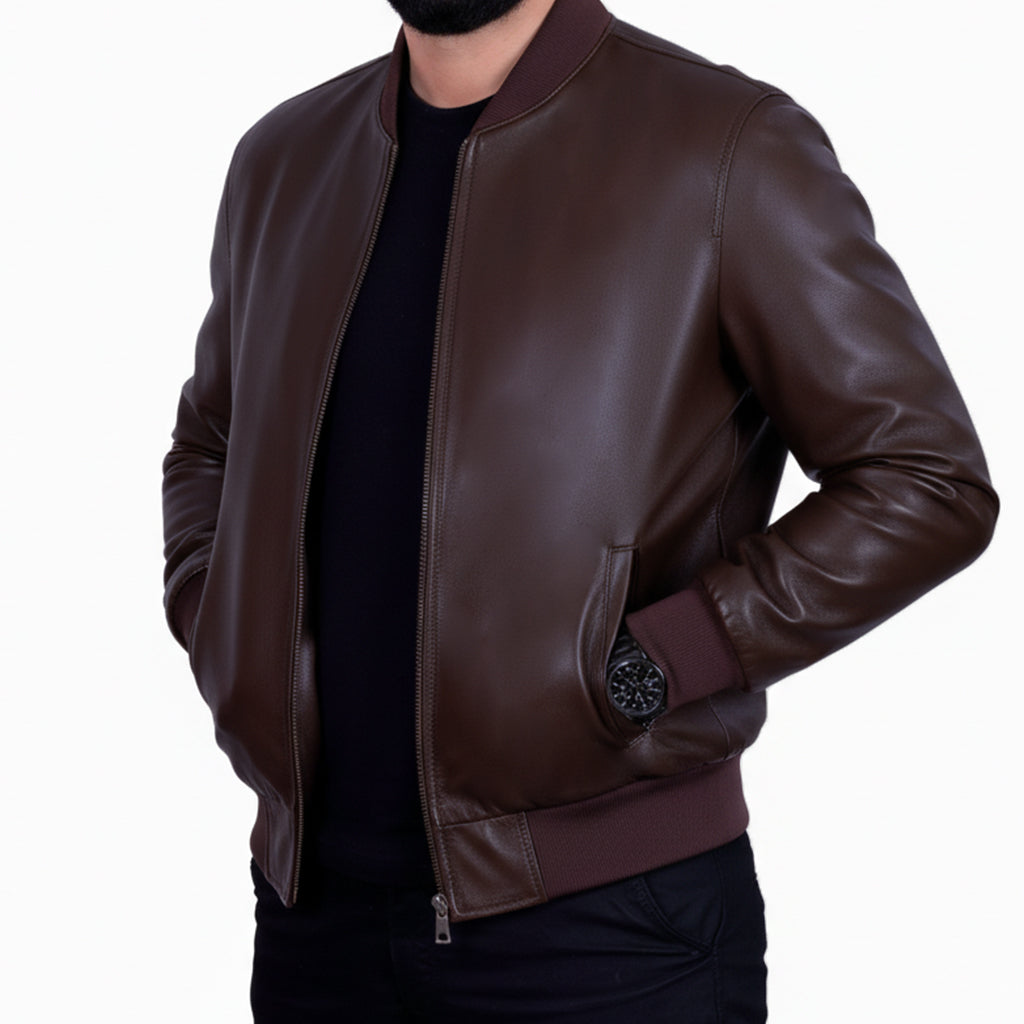 Blouson Bombardier en Cuir Véritable — Marron
