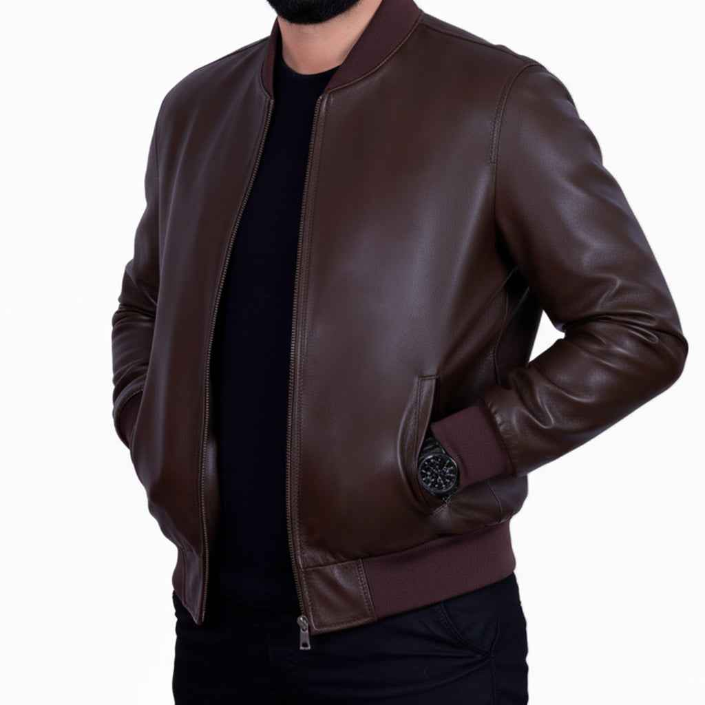 Blouson Bombardier en Cuir Véritable — Marron
