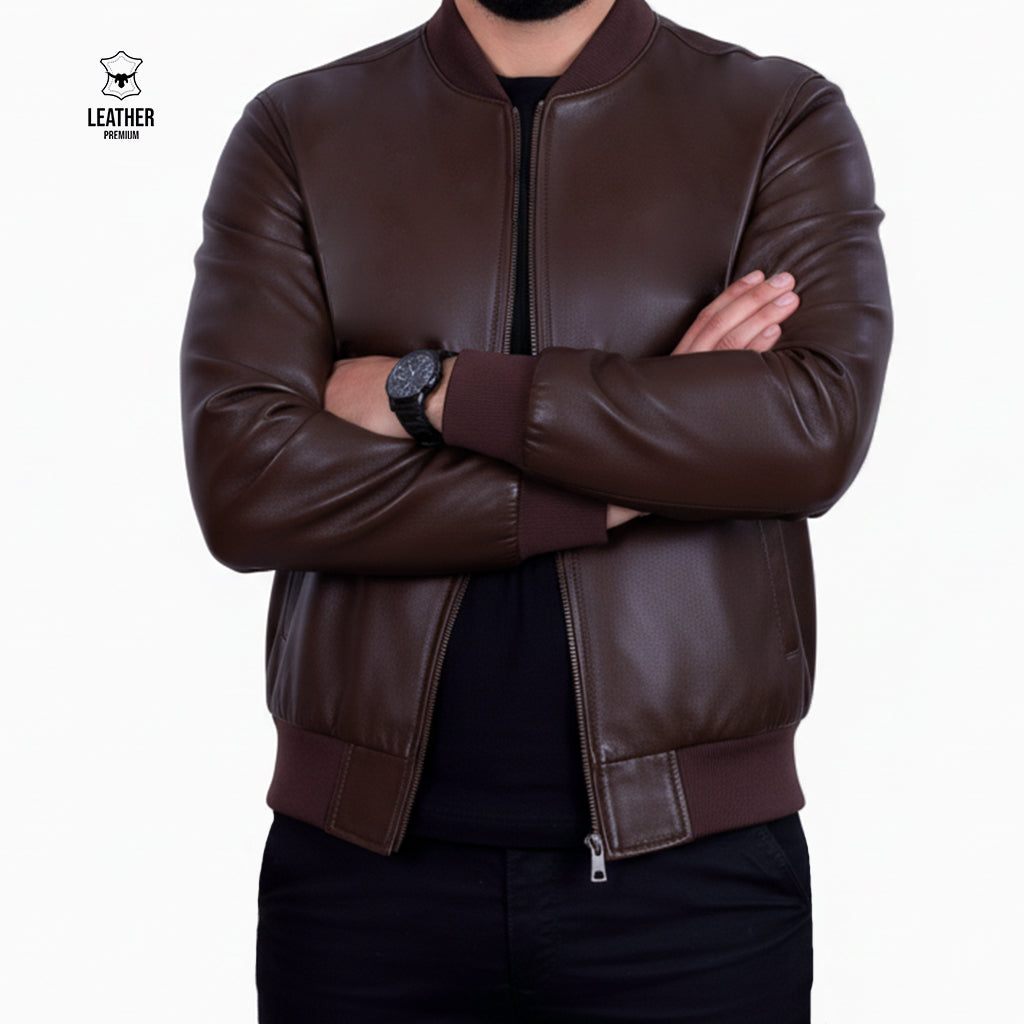 Blouson Bombardier en Cuir Véritable — Marron