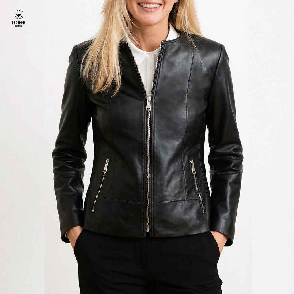 Onyx — Veste Cuir Col Rond Noir