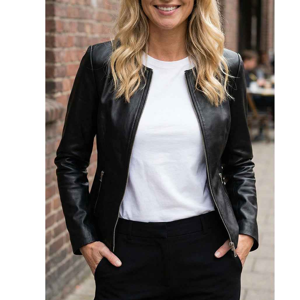 Onyx — Veste Cuir Col Rond Noir