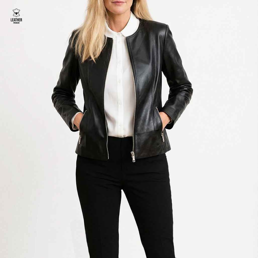 Onyx — Veste Cuir Col Rond Noir