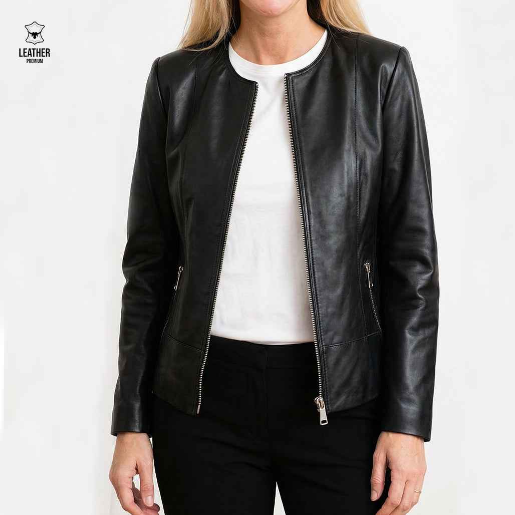Onyx — Veste Cuir Col Rond Noir