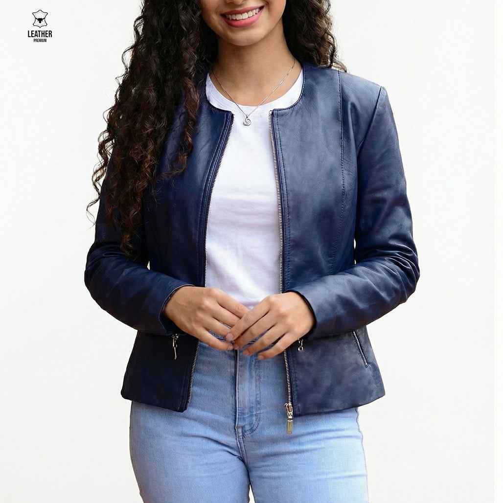Veste en Cuir Bleu Marine — Col Rond