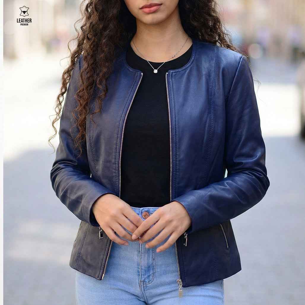 Veste en Cuir Bleu Marine — Col Rond