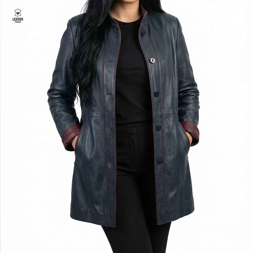 Veste Longue en Cuir Véritable — Bleu Marine & Bordeaux