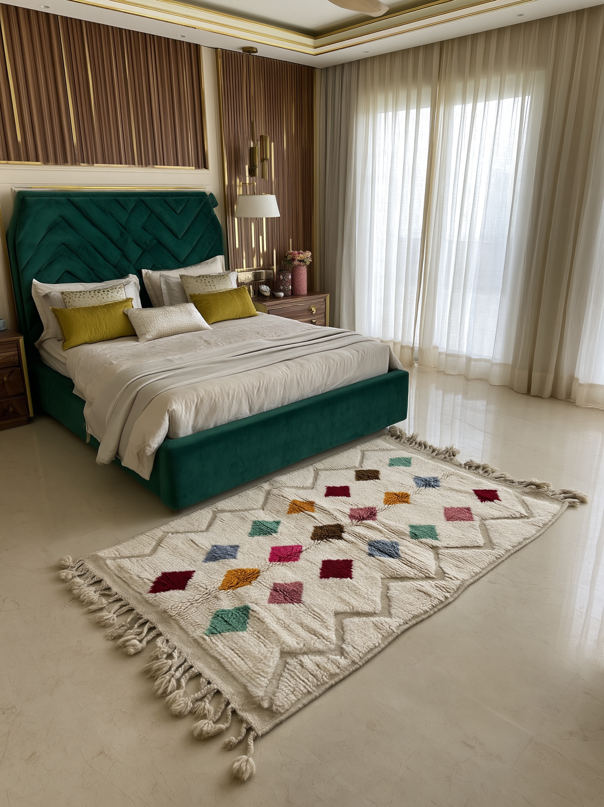 Tapis berbère marocain Azilal en laine tissé à la main par artisans berbères, dimensions 100x150 cm, design traditionnel.
