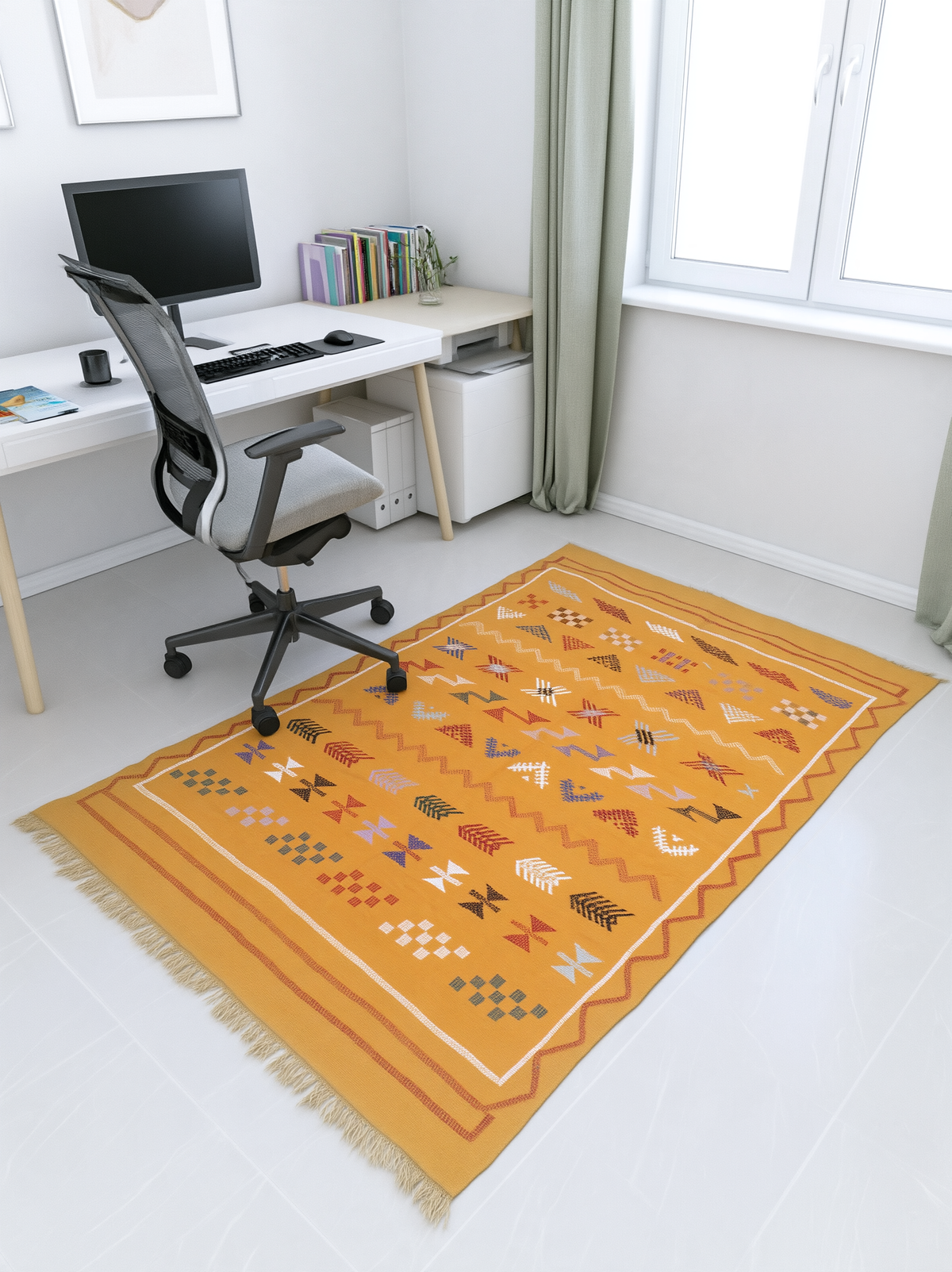 Tapis Berbère Marocain Orange Ocre — Kilim Fait Main Motifs Ethniques Multicolores