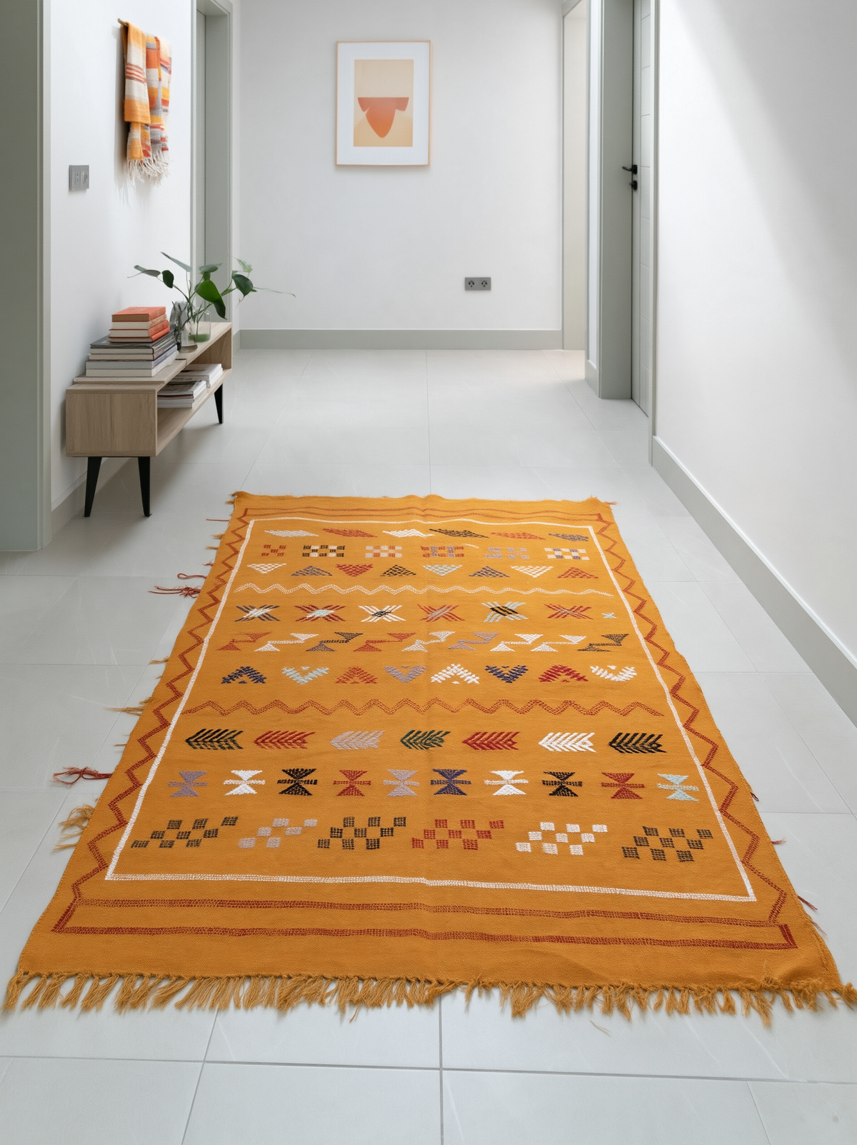 Tapis Berbère Marocain Orange Ocre — Kilim Fait Main Motifs Ethniques Multicolores