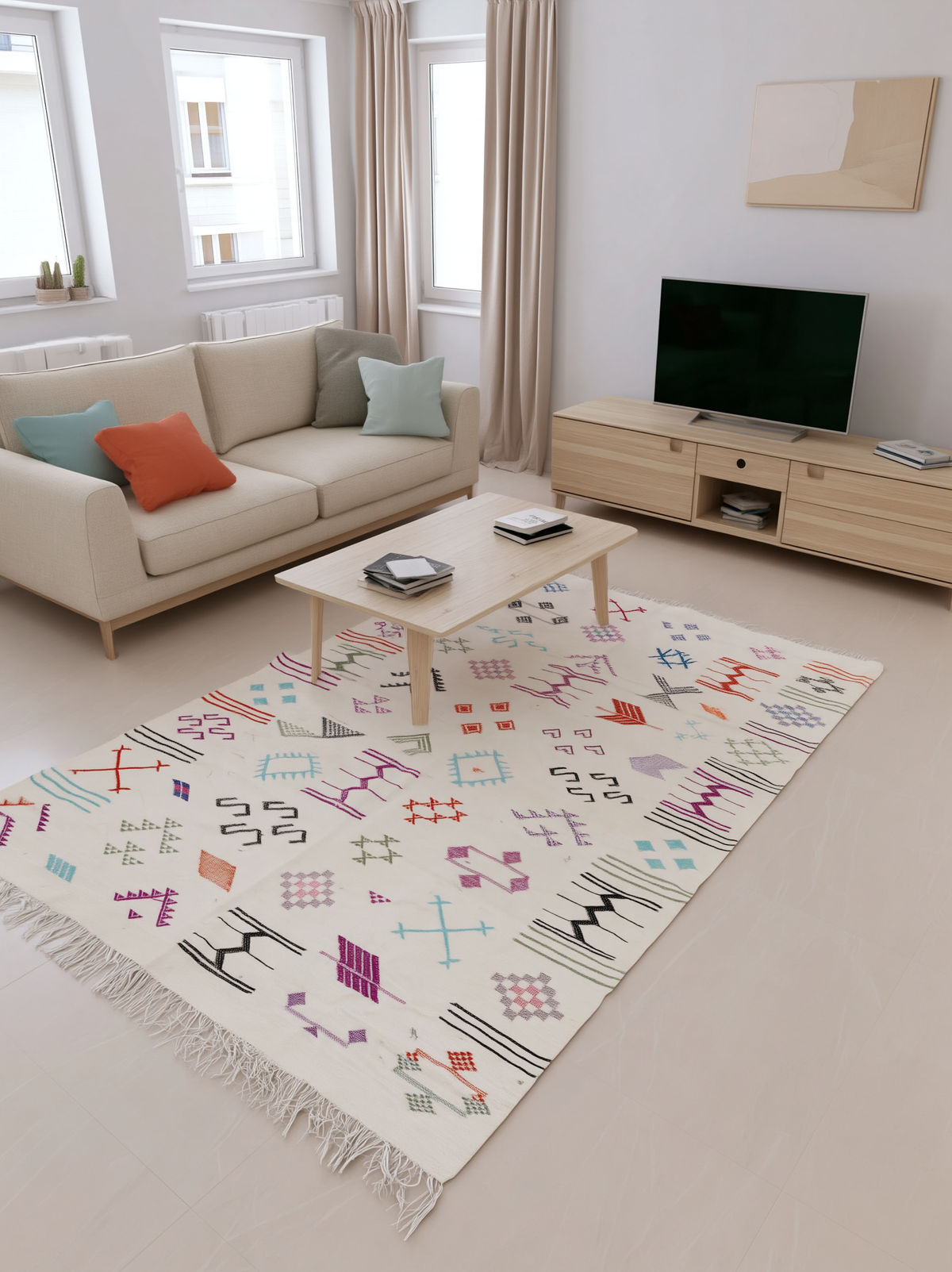 Tapis Azilal Berbère Marocain Écru — Kilim Fait Main Motifs Tribaux Multicolores