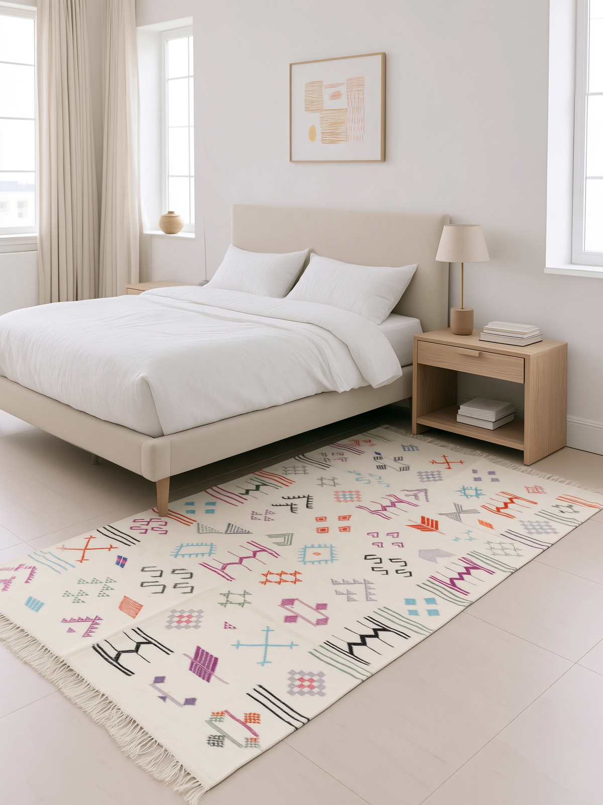 Tapis Azilal Berbère Marocain Écru — Kilim Fait Main Motifs Tribaux Multicolores