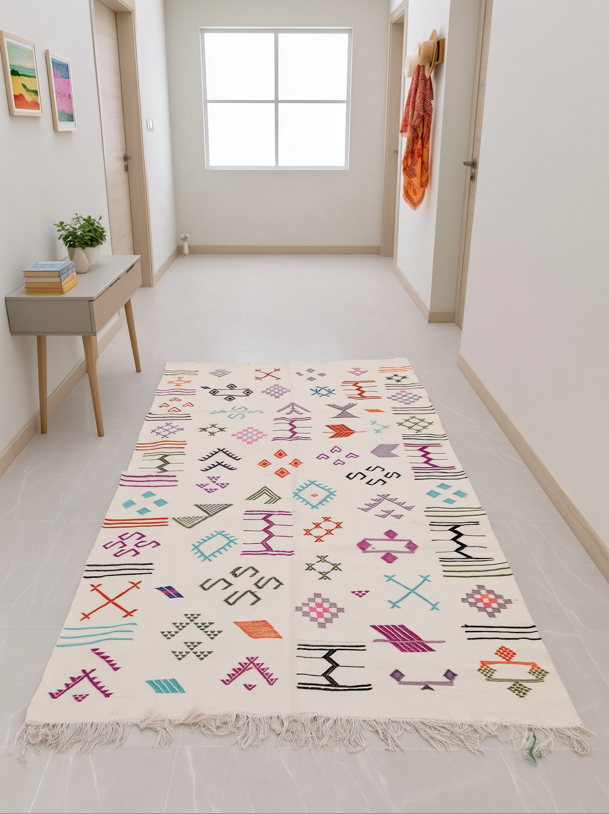 Tapis Azilal Berbère Marocain Écru — Kilim Fait Main Motifs Tribaux Multicolores