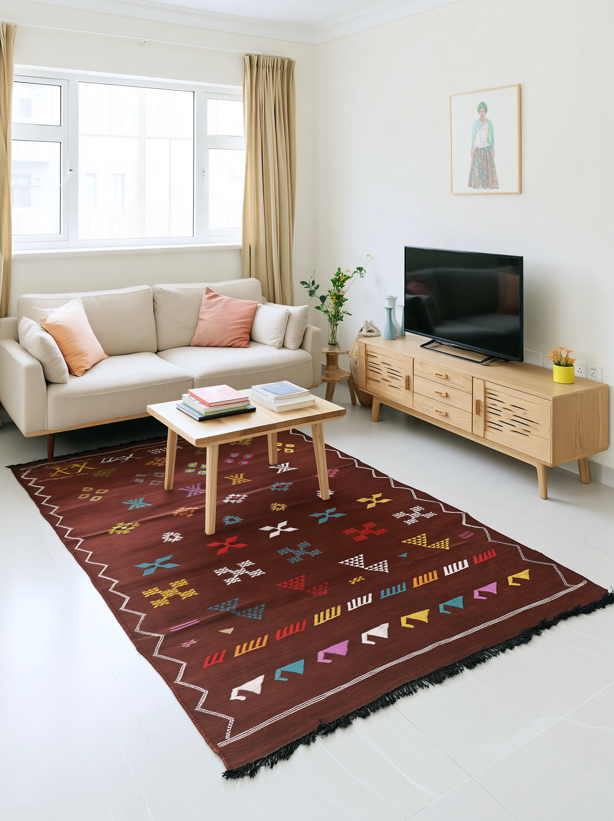 Tapis Berbère Marocain Marron Bordeaux — Kilim Fait Main Motifs Ethniques Multicolores