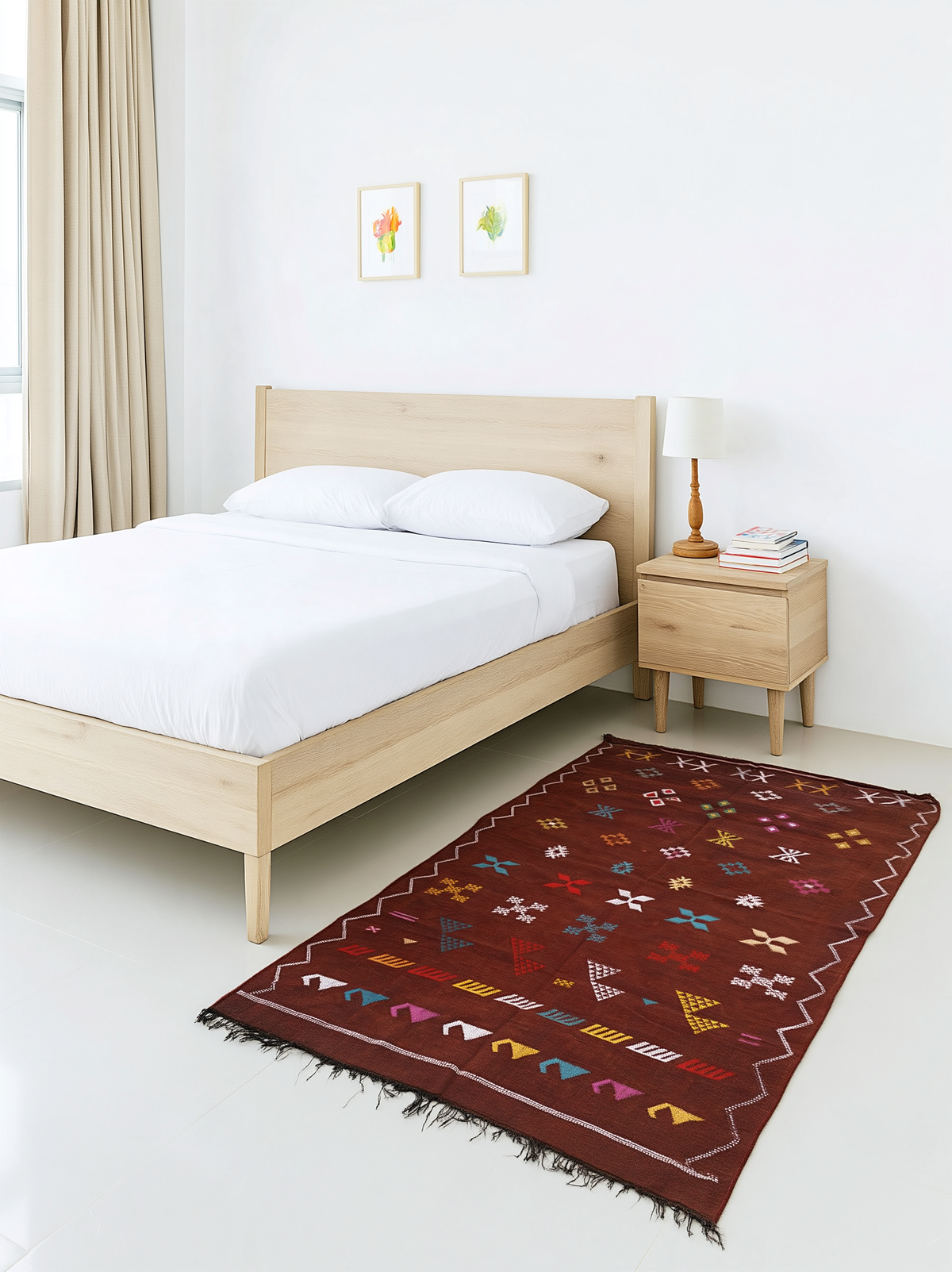 Tapis Berbère Marocain Marron Bordeaux — Kilim Fait Main Motifs Ethniques Multicolores