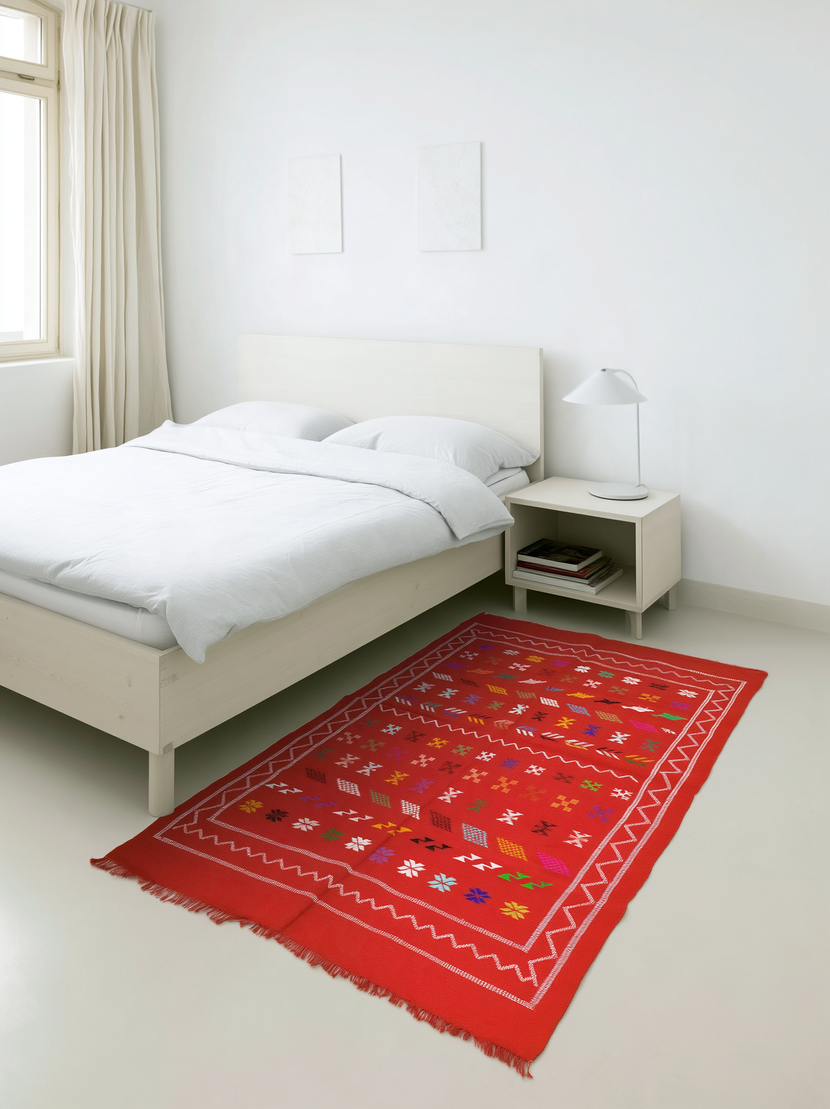 Kilim marocain rouge au pied d'un lit dans une chambre claire