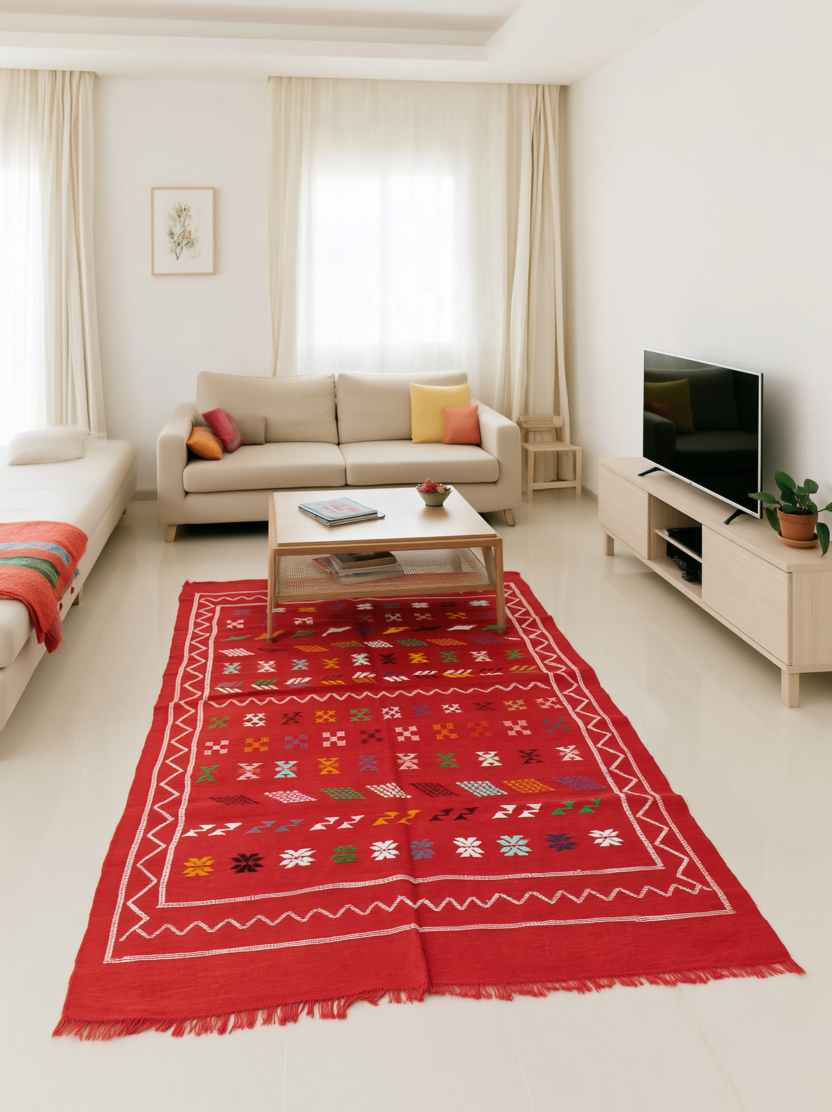 Kilim berbère rouge à bordure blanche en zigzag devant un canapé dans un salon lumineux