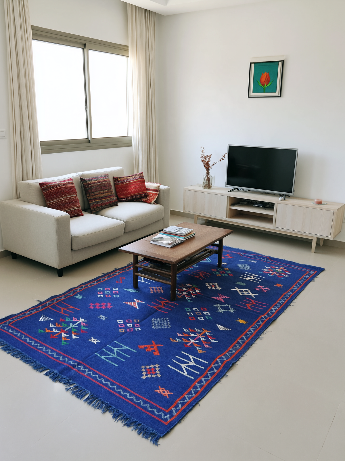 Tapis Berbère Marocain Bleu Roi — Kilim Fait Main Motifs Ethniques Multicolores