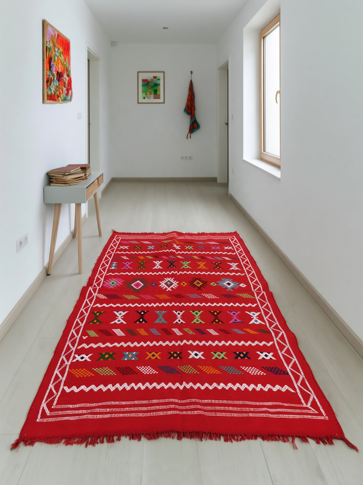 Tapis Berbère Marocain Rouge Vif — Kilim Fait Main Bordure Double Zigzag