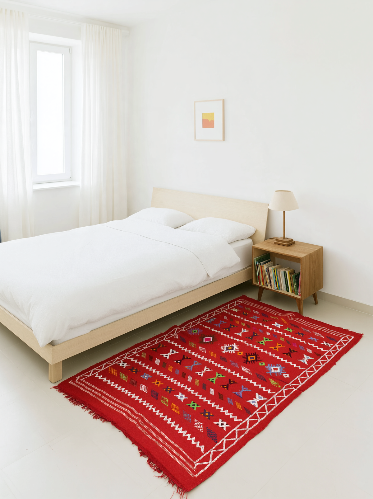 Tapis Berbère Marocain Rouge Vif — Kilim Fait Main Bordure Double Zigzag