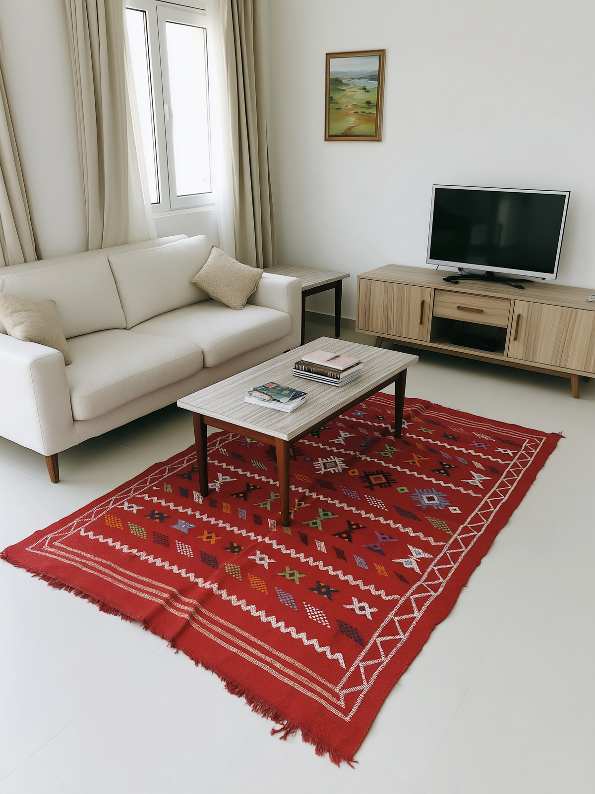 Tapis Berbère Marocain Rouge Vif — Kilim Fait Main Bordure Double Zigzag