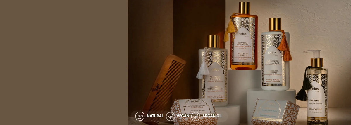 Gamme de soins Natus Marrakech à l'huile d'argan, flacons dorés et coffrets