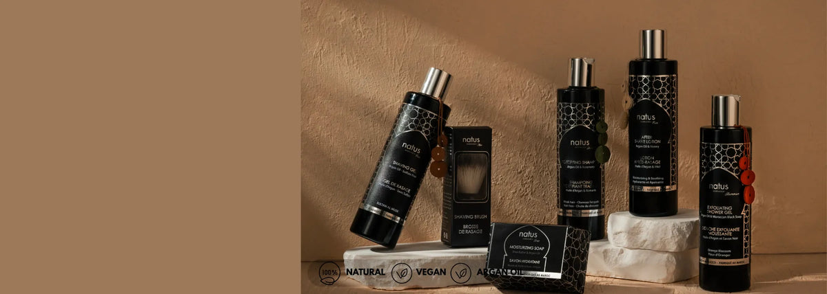 Gamme Natus Marrakech pour homme, flacons noirs et savons