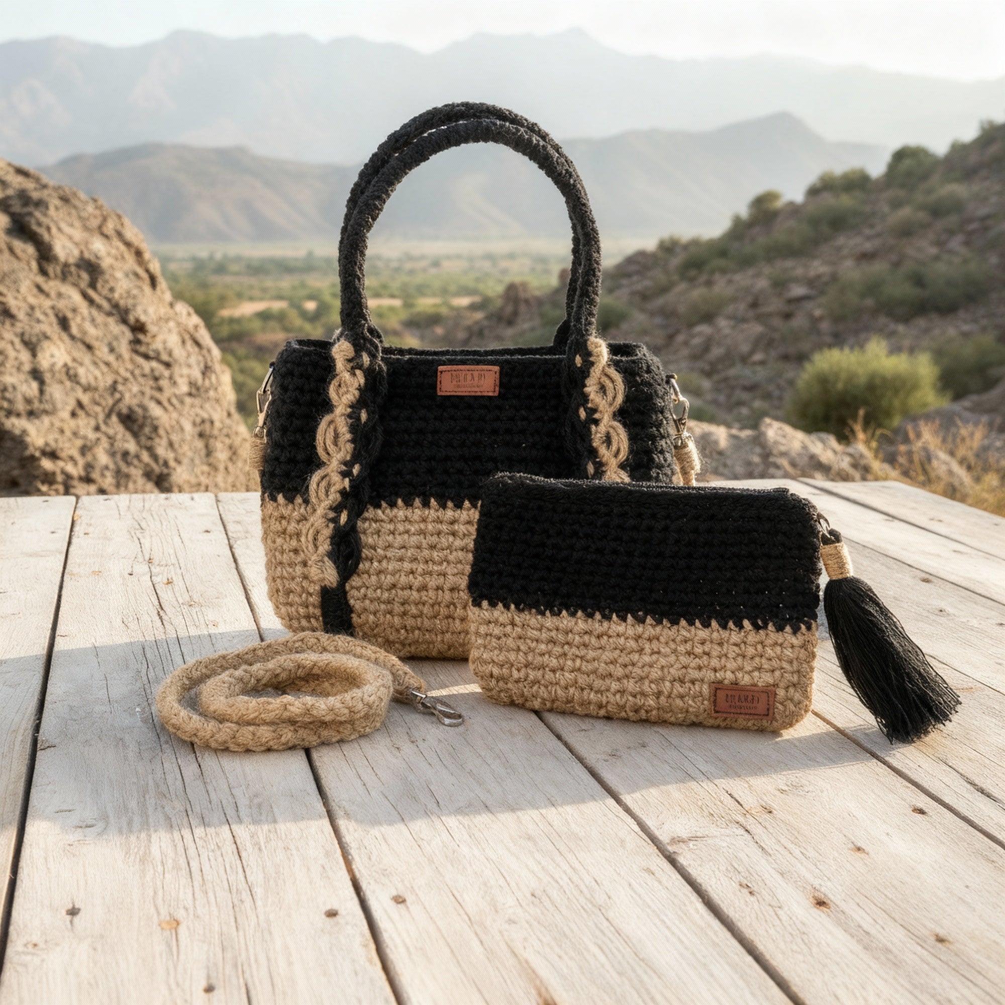 Set "Goffa Macramé" Crni – Ručna torba i odgovarajuća torbica + dodaci